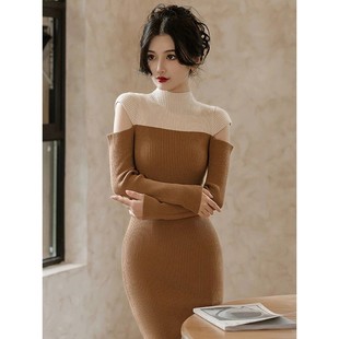 MUAMY秋冬港风复古轻奢别致小众高级感内搭打底修身针织连衣裙女