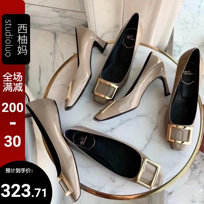 香港平底鞋方头方扣浅口单鞋小香风漆皮女复古粗跟真皮百搭高跟鞋,女鞋,浅口单鞋,淘宝优惠券,粉丝福利购,淘宝优惠卷