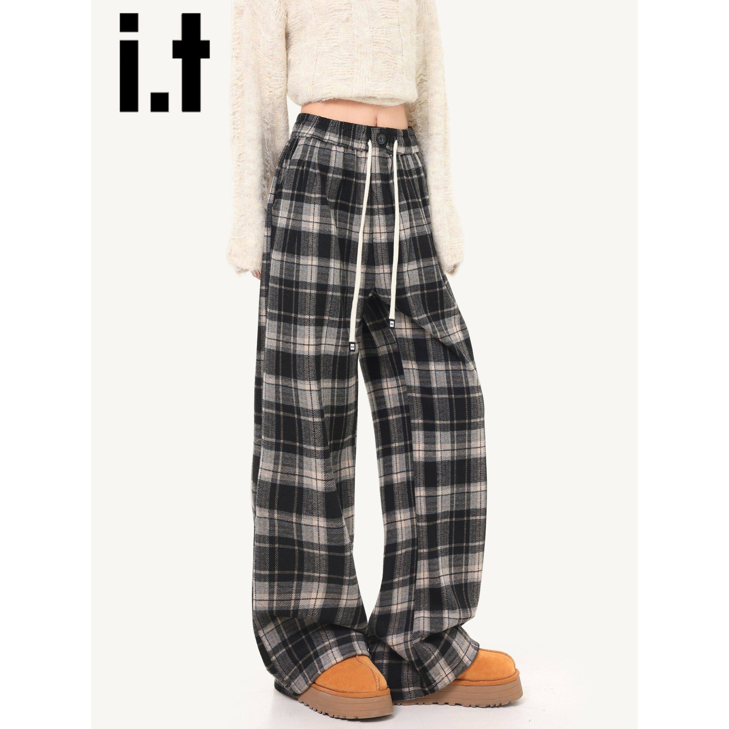 it:CHOCOOLATE黑色格子休闲裤女秋冬2025新款高腰垂感直筒阔腿裤