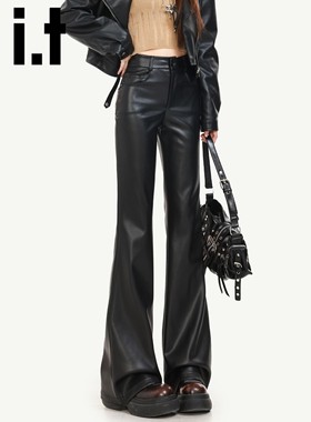 it:CHOCOOLATE黑色pu皮裤女2025新款冬季高腰修身加绒微喇叭裤子