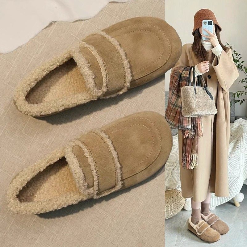 香港羊羔毛豆豆鞋女冬加绒单鞋2025新款百搭一脚蹬真皮平底毛毛鞋,女鞋,乐福鞋（豆豆鞋）,淘宝优惠券,粉丝福利购,淘宝优惠卷