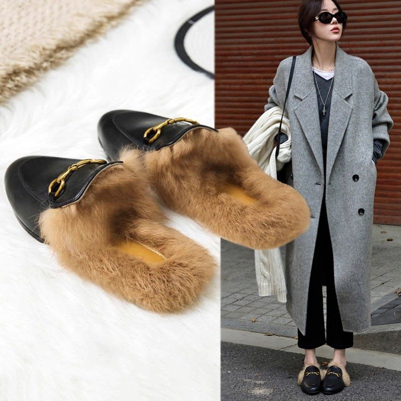 香港包头真皮骡子女兔皮鞋孕妇半拖鞋平底平底鞋时尚休闲k型百搭,女鞋,毛毛鞋,淘宝优惠券,粉丝福利购,淘宝优惠卷