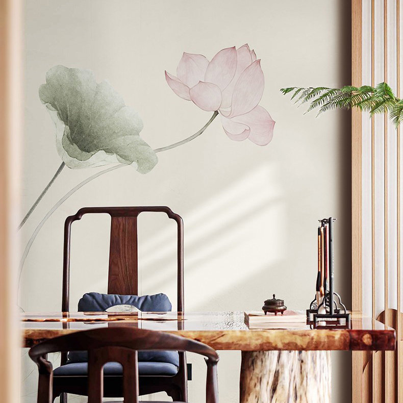 新中式电视背景墙纸荷花客厅沙发壁纸5d墙布茶室书房淡雅定制壁画,家装主材,定制壁画,淘宝优惠券,粉丝福利购,淘宝优惠卷