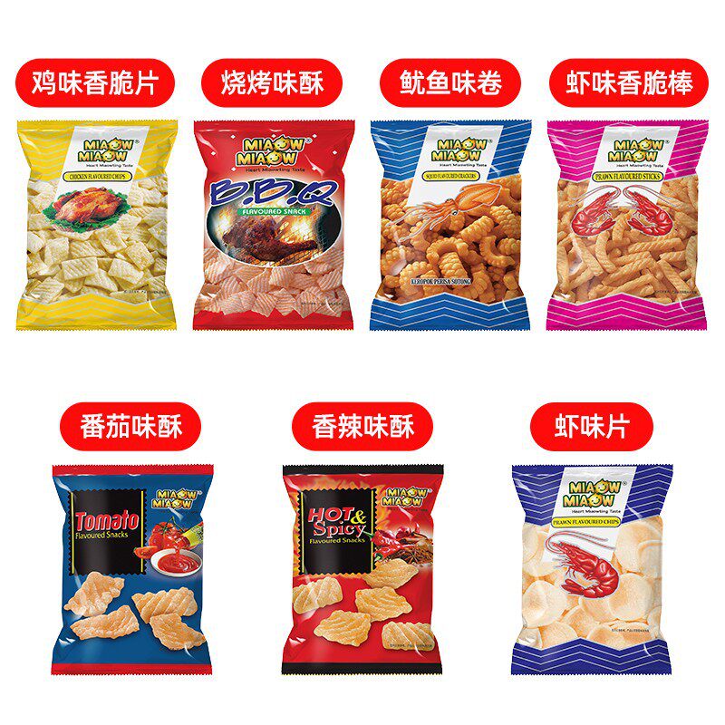 马来西亚进口零食妙妙香辣烧烤番茄味酥虾味片香脆棒休闲膨化食品