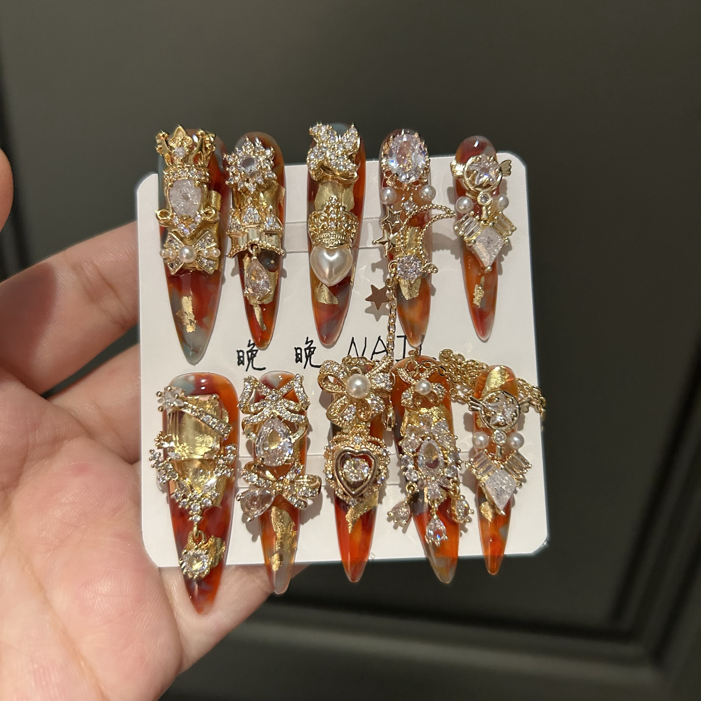 琥珀 全锆配饰东洲钻纯手工穿戴甲高级奢华美甲贴片可定制