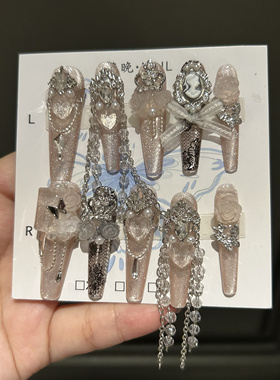 堕落少女 纯手工穿戴甲黑粉手工美甲贴片暗黑穿戴式猫眼美甲