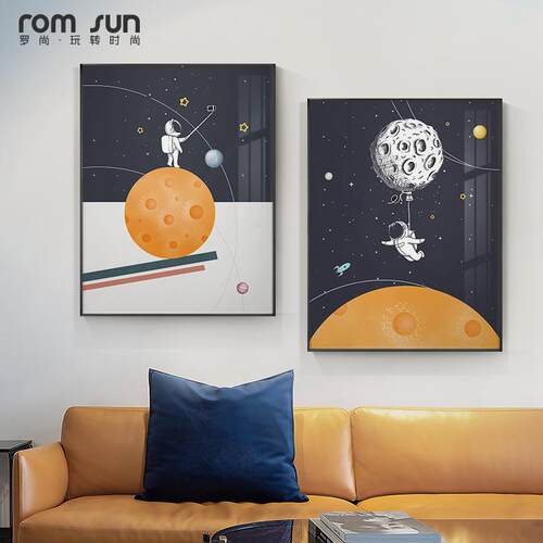 定做欧轻奢宇客代厅装北饰画空航员壁童画卡太通儿房卧厅室画现餐
