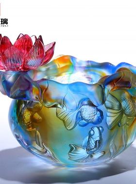 高档琉璃聚宝盆鱼缸摆件招财镇宅客厅家用玄关钥匙收纳轻奢装饰品