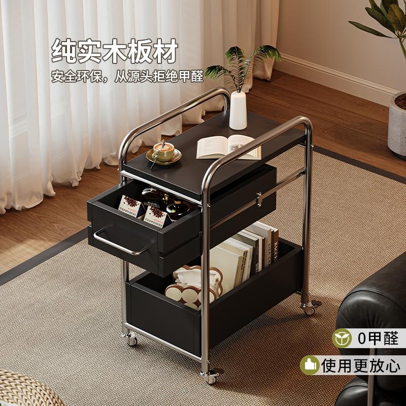 意式实木边几可移动茶几轻奢高级感沙发边柜小户型中古推车置物架