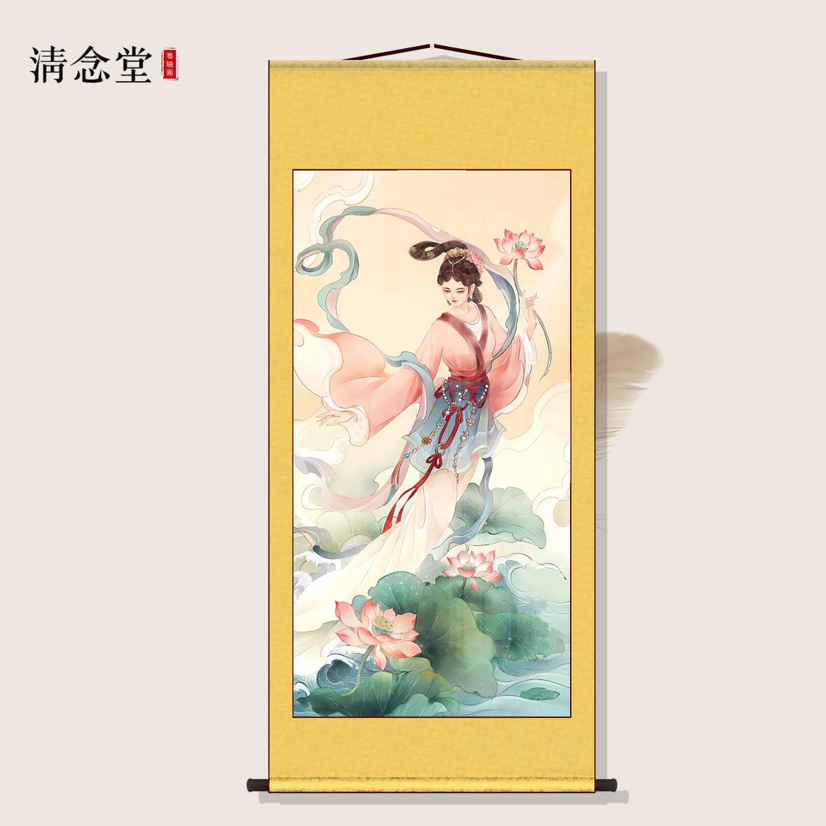 何仙姑画像 八仙过海神仙丝绸画卷轴挂画 神话人物绢布装饰画定制