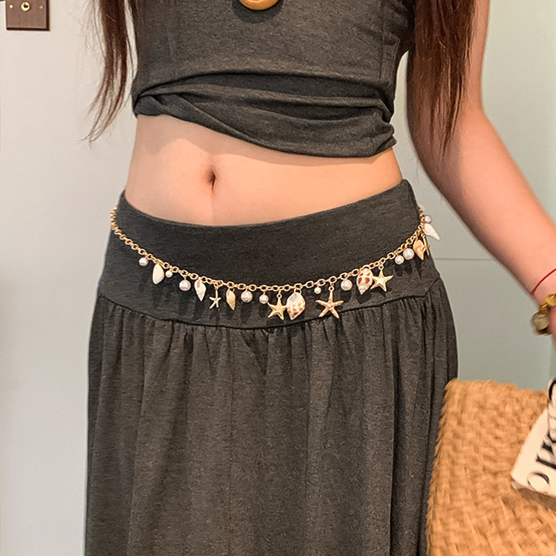 波西米亚海星贝壳珍珠腰链女海边度假风装饰连衣裙腰带身体链配饰