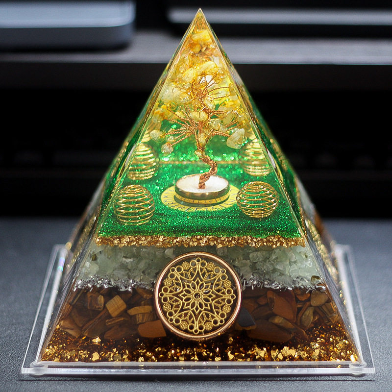 创意黄水晶树发财树水晶金字塔摆件树脂滴胶手工艺品家居桌面摆件