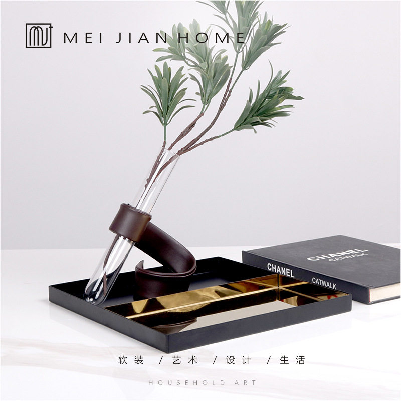 简约现代玻璃皮套花插托盘摆件