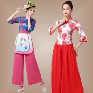 2024广场舞套装新款喇叭袖女民族风秧歌舞蹈服村姑采茶舞演出服装