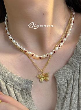 Qianana天然珍珠小花蝴蝶项链女