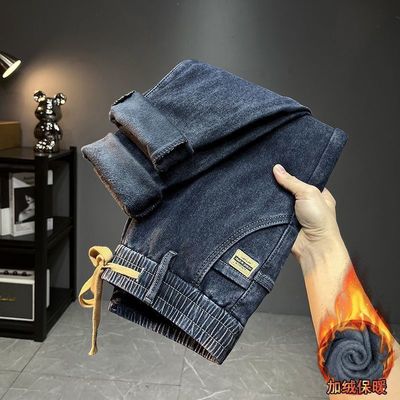 冬季高端加绒加厚松紧腰牛仔裤男款弹力宽松直筒休闲裤子保暖男裤