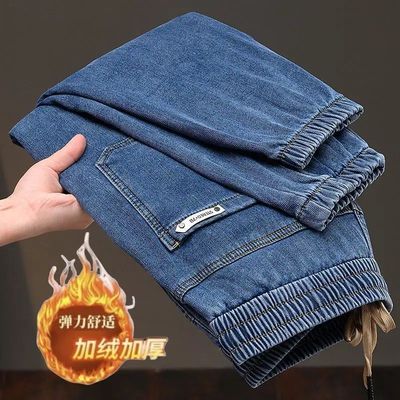 松紧腰秋冬季百搭男款牛仔裤加绒加厚2025新款户外保暖束脚休闲裤