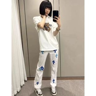 痞帅高街vibe十字架白色牛仔裤男款秋季美式cleanfit穿搭微喇裤子