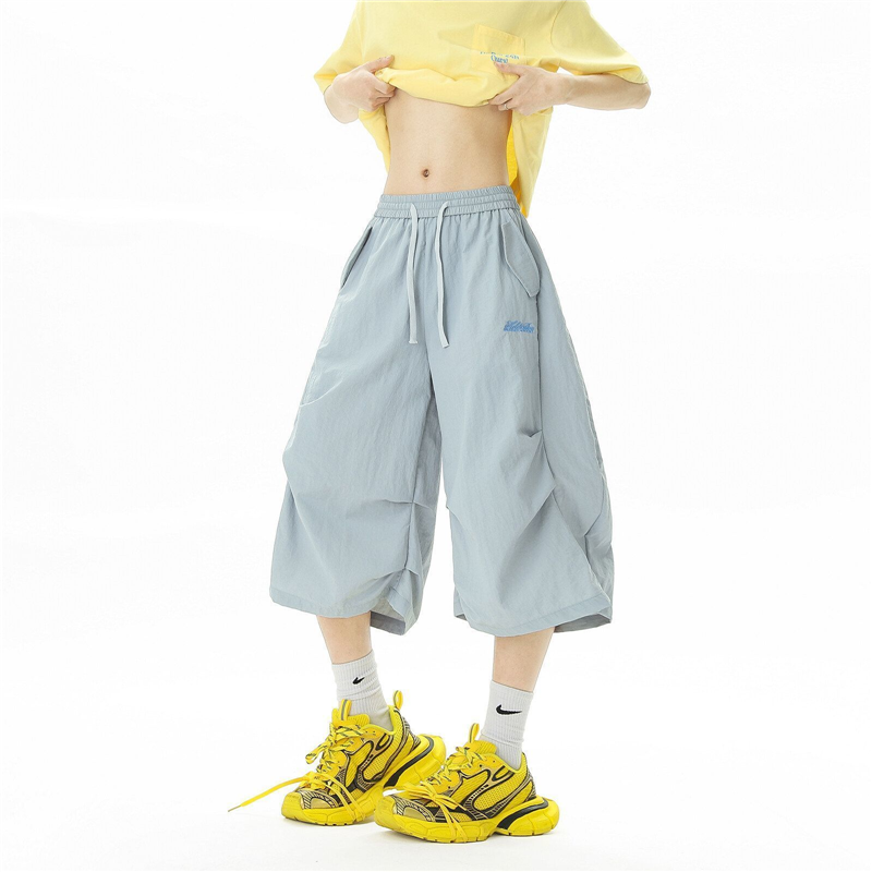 多巴胺刺绣速干短裤男女夏户外山系阔腿七分裤子宽松运动休闲中裤