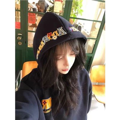 美式高街复古字母刺绣连帽卫衣女秋冬国潮牌高级感宽松情侣装外套