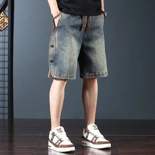 夏季 中褲 潮牌重磅牛仔男士 新款 復(fù)古休閑拼接五分褲 短褲 寬松美式