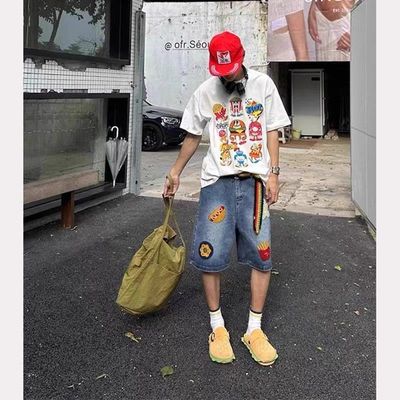 深蓝色汉堡刺绣牛仔短裤男款夏季美式复古五分裤水洗做旧直筒裤子