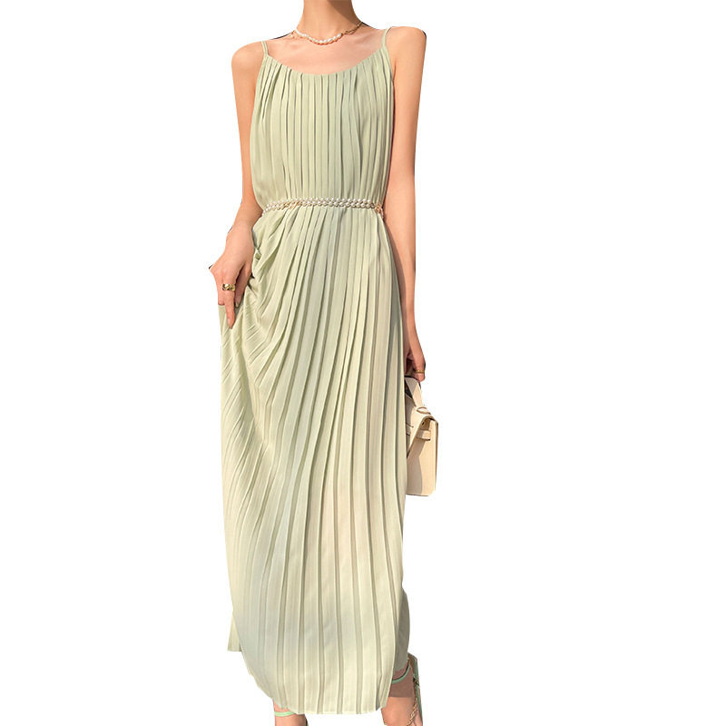 真丝缎面2024春夏新女圆领长款连衣裙百褶气质百搭长裙无袖吊带