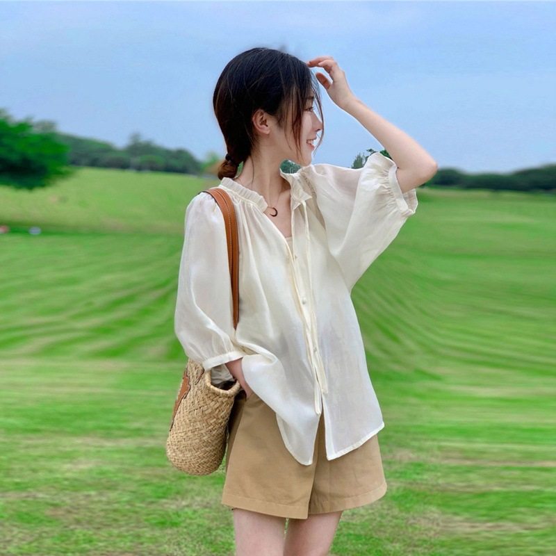 2024年新款早春季法式短袖衬衫高级感雪纺上衣衬衣女装夏装两件套