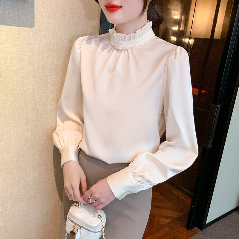法式重工钉珠缎面长袖衬衫女上衣Cosplay女装/
