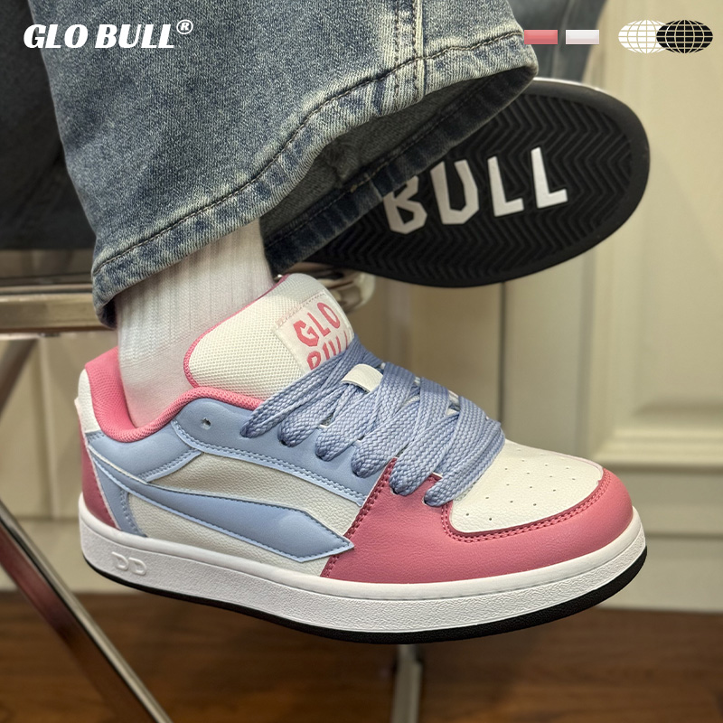 GLO BULL低帮板鞋女2025新款厚底增高百搭鞋子白月粉色休闲面包鞋
