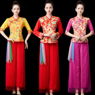 大红新款广场舞服装女套装秧歌舞民族风复古龙纹跳舞服打鼓演出服