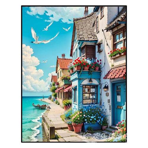 9wor海边小镇十字绣新款客厅线绣小幅餐厅欧式油画风景自绣手工满