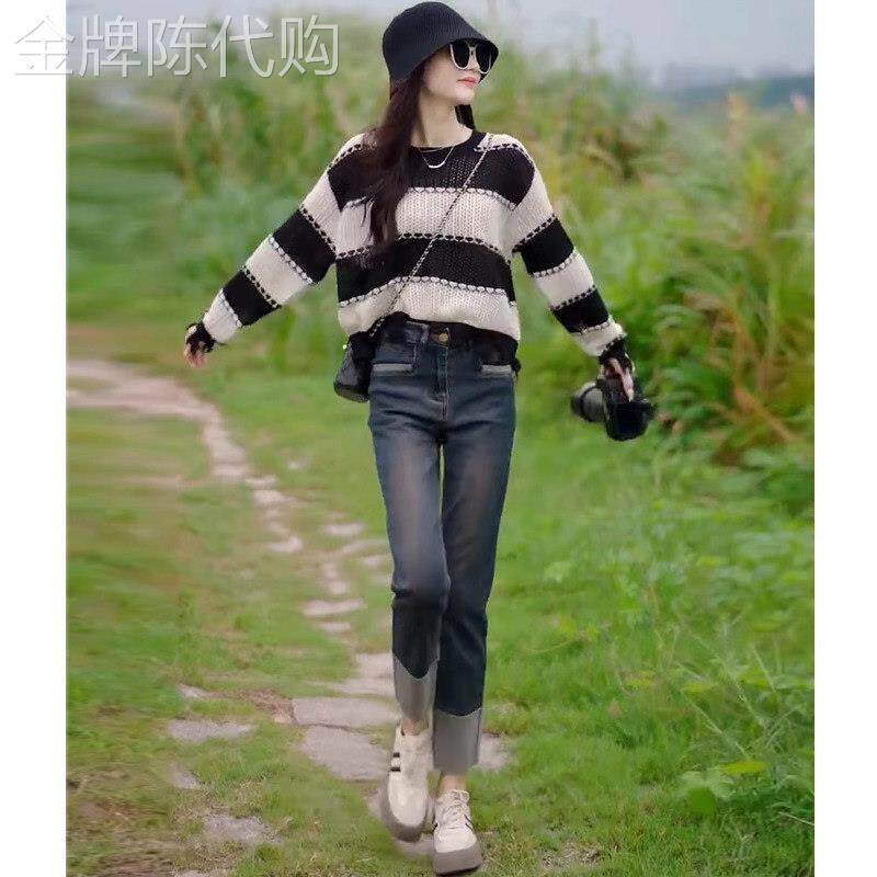 镂空针织衫女春秋薄款2025新款设计感小众宽松慵懒风条纹毛衣上衣