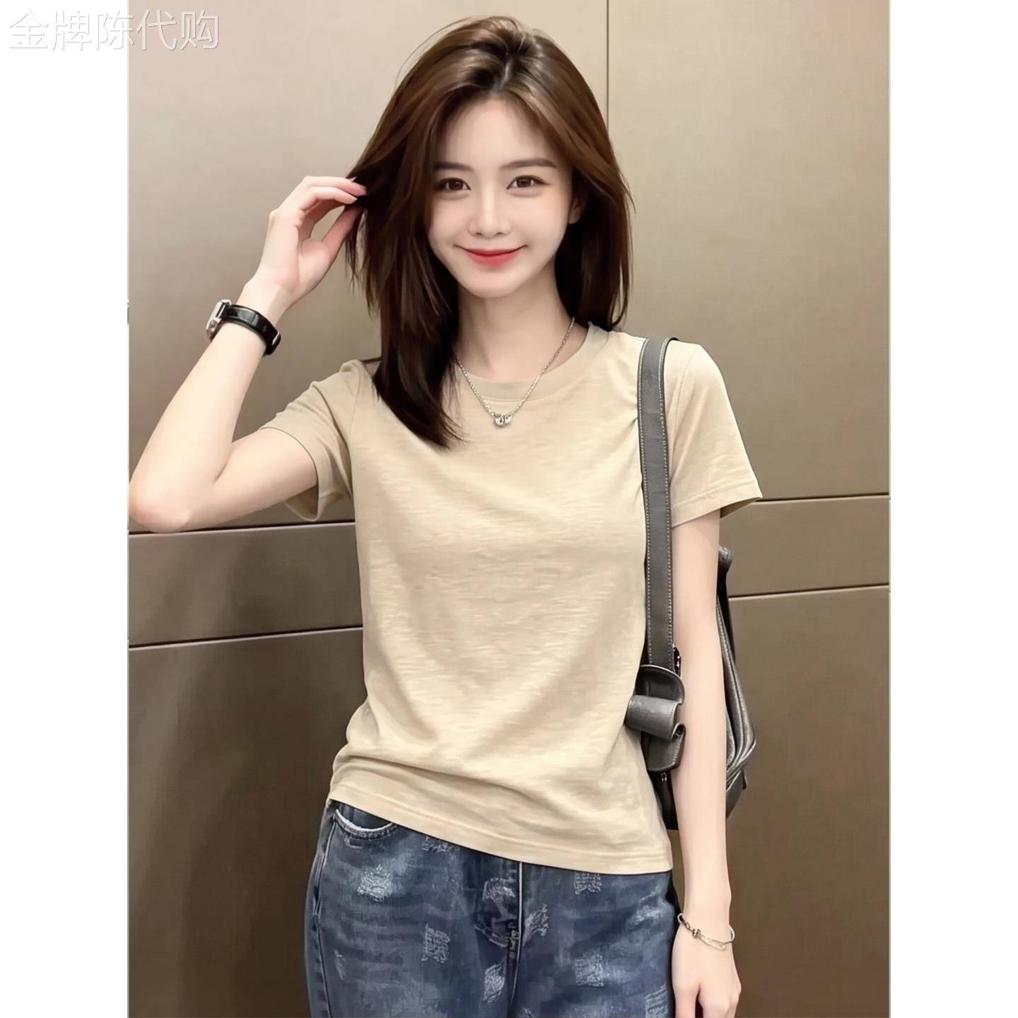 黄色竹节棉圆领短袖T恤女士2026夏季修身显瘦欧货高质量正肩上衣