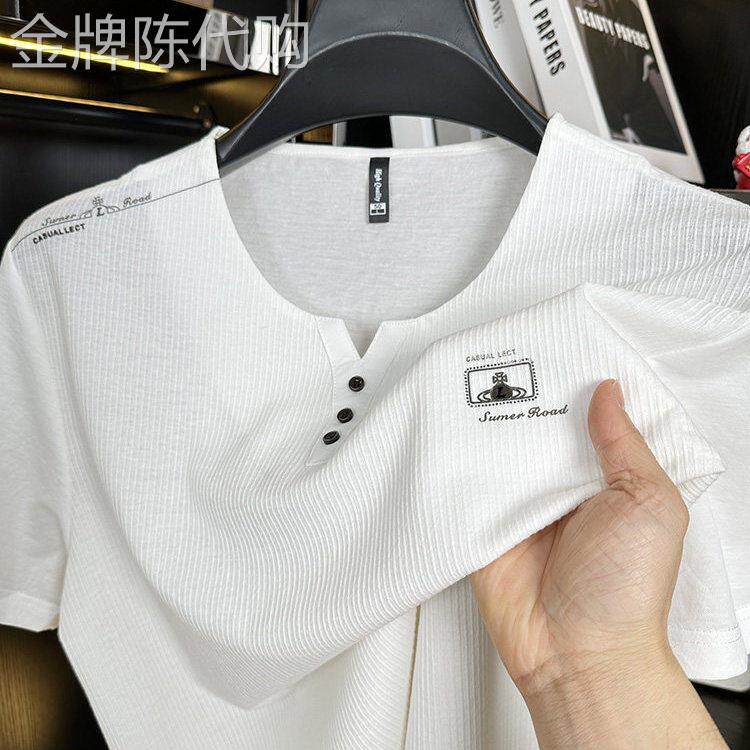 冰丝棉男士短袖T恤鸡心V领彷亚麻中国风爸爸休闲上衣服T恤衫夏季