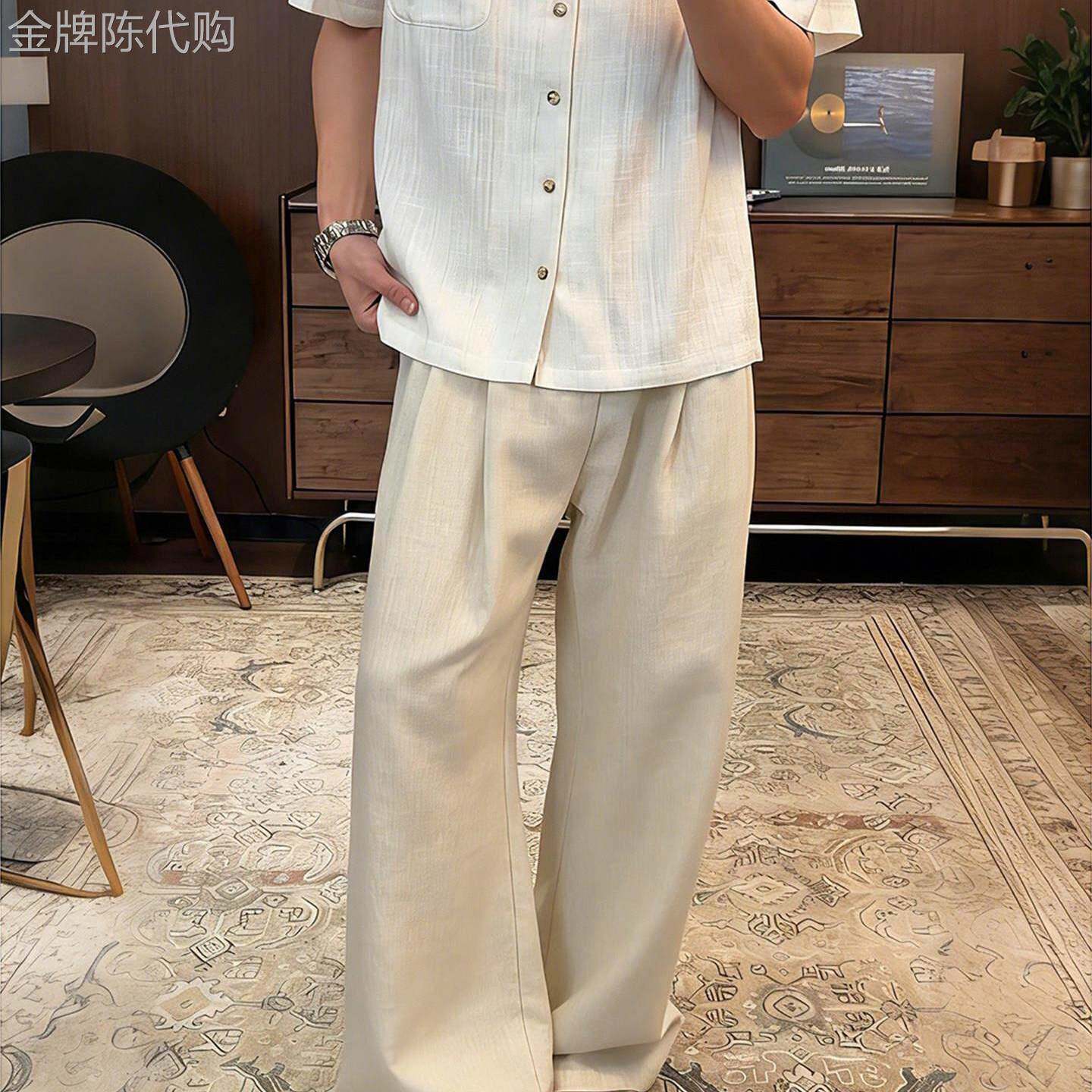 潮牌杏色凉感亚麻西裤男款夏季英伦风痞帅休闲裤垂感冰丝阔腿裤子