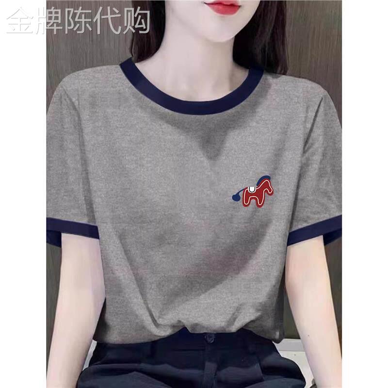 韩版拼色正肩短袖T恤女优质棉宽松减龄圆领休闲通勤风上衣夏季