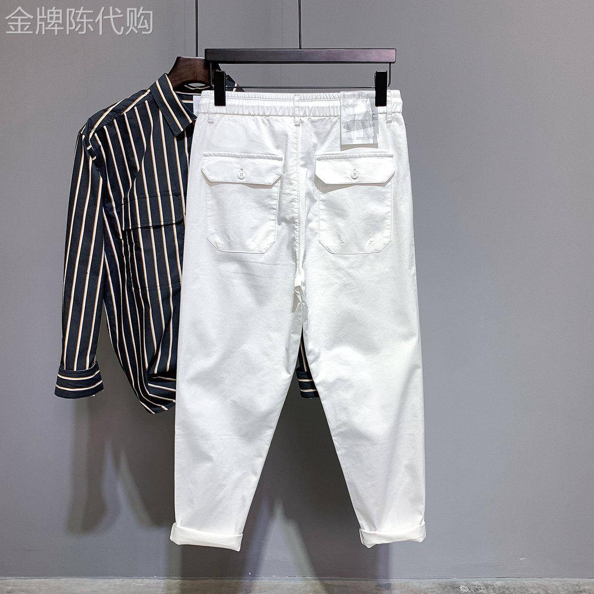 裤子男士夏季潮牌宽松直筒白色休闲九分裤松紧腰弹力百搭工装长裤
