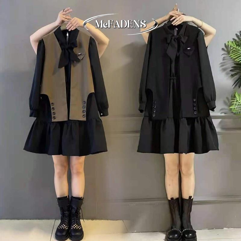 香港胖妹妹新款大码女装小个子遮肚显瘦西装马甲连衣裙时髦两件套