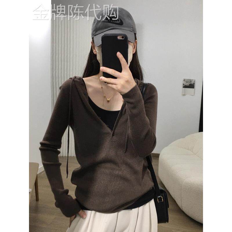 美拉德咖色连帽针织衫女装2025秋季新款修身显瘦卫衣内搭毛衣上衣
