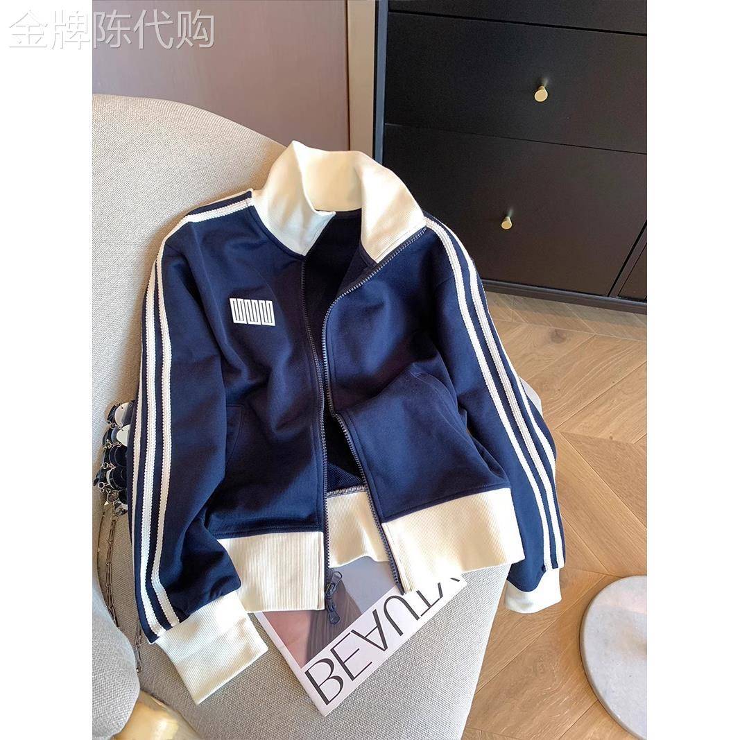 外套男春秋季美式复古拼接立领棒球服潮牌宽松三条杠短款休闲夹克