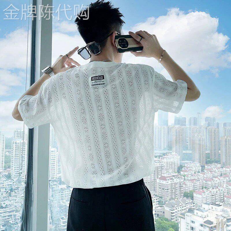 纯色镂空休闲短袖T恤男士夏季新款潮牌蕾丝透气宽松圆领薄款上衣