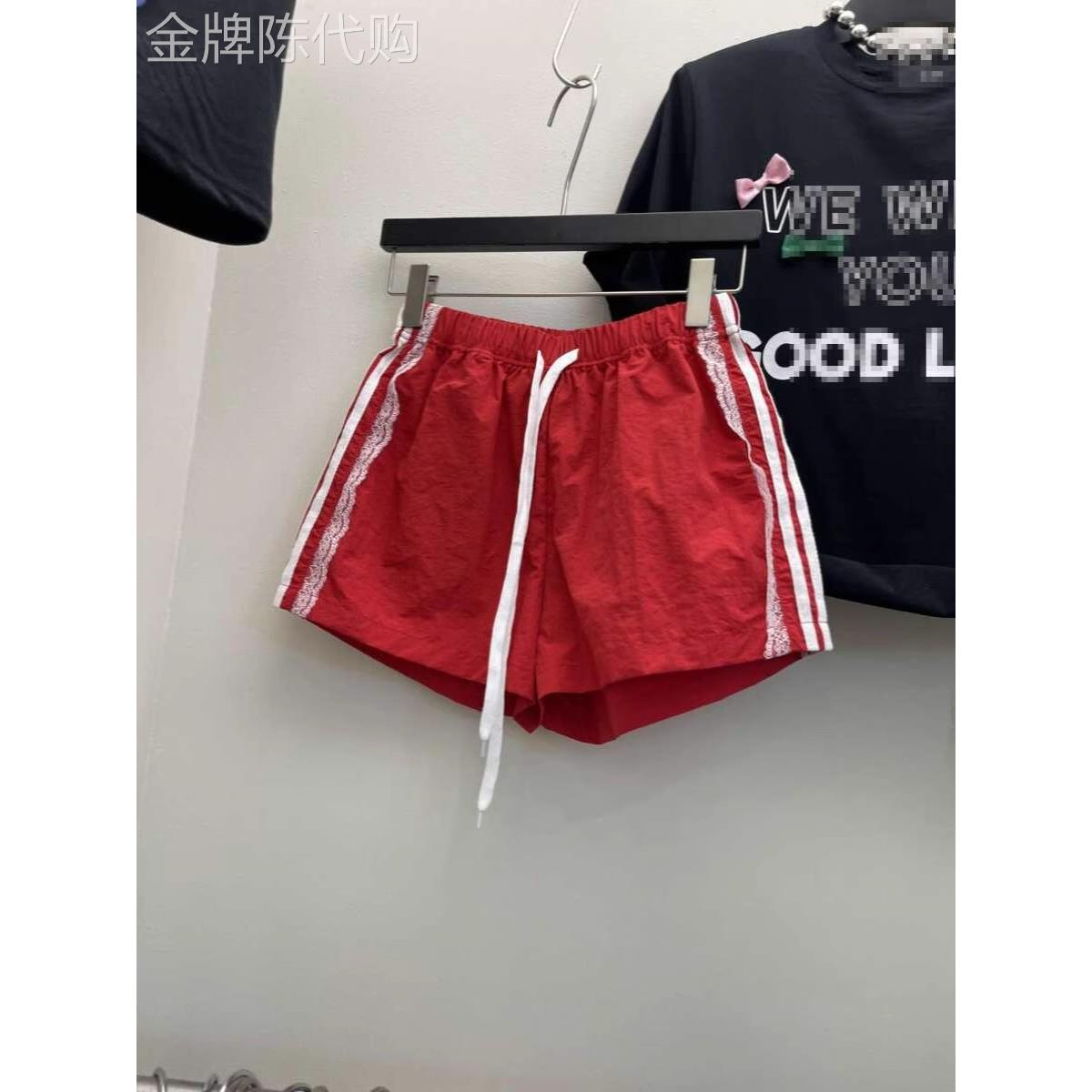 松紧腰抽绳双条杠高腰短裤女夏季欧货小个子阔腿裤子运动红色短裤