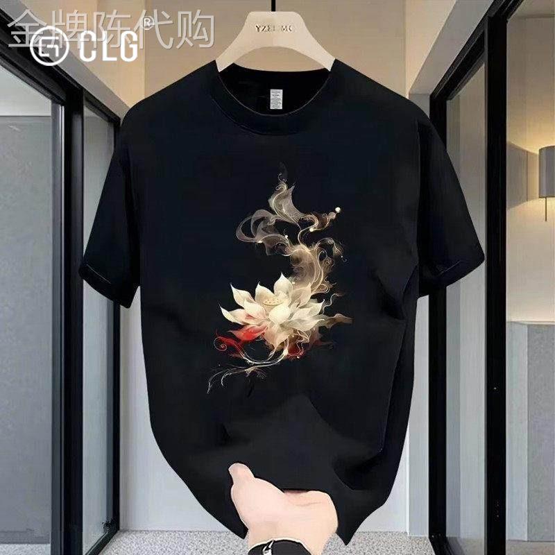香港CLG潮牌春夏重磅纯棉短袖T恤男国潮荷花休闲百搭T恤轻奢上衣