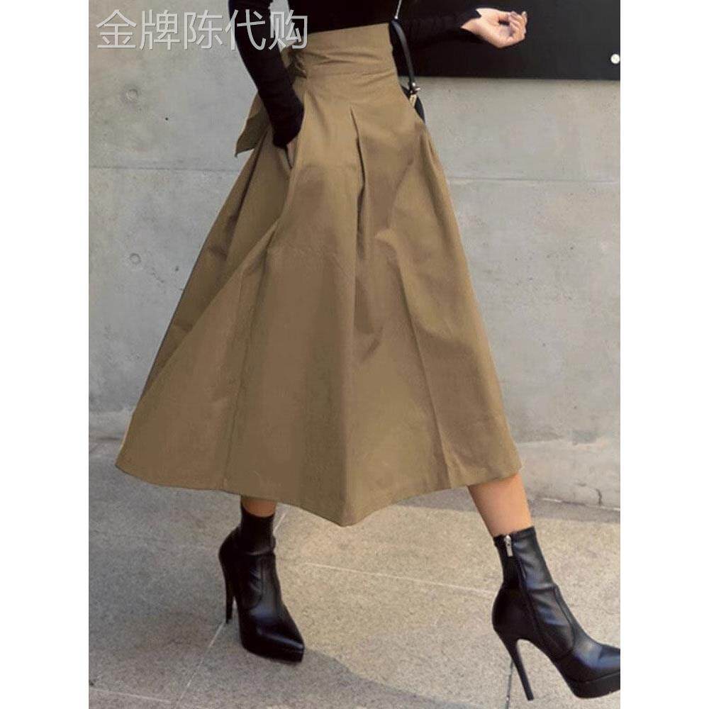 卡其色半身裙女春秋2025新款小个子束腰蝴蝶结a字伞裙中长款半裙