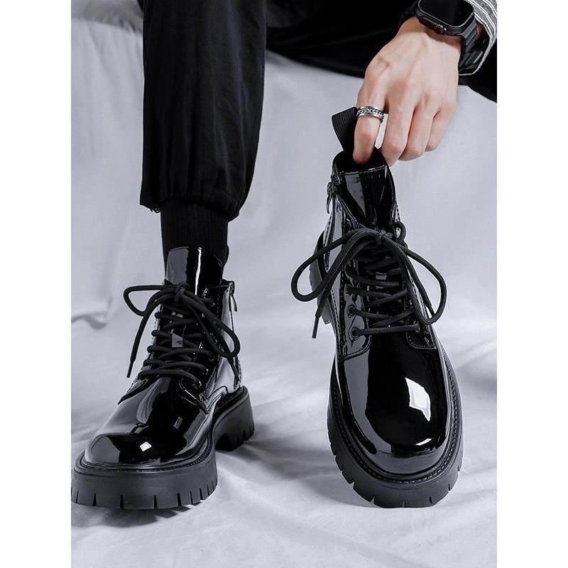 马丁靴男款英伦百搭拉炼春季高帮靴子黑色亮皮中帮皮鞋工装靴短靴