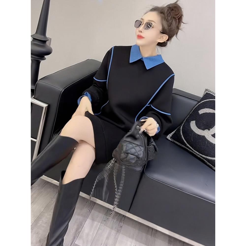香港网红拼色连衣裙女2024春秋冬款娃娃领休闲宽松显瘦洋气卫衣裙