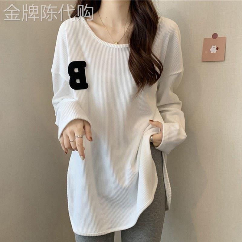 长袖T恤女秋装欧货大版刺绣字母侧开 叉上衣宽松磨毛中长版打底衫