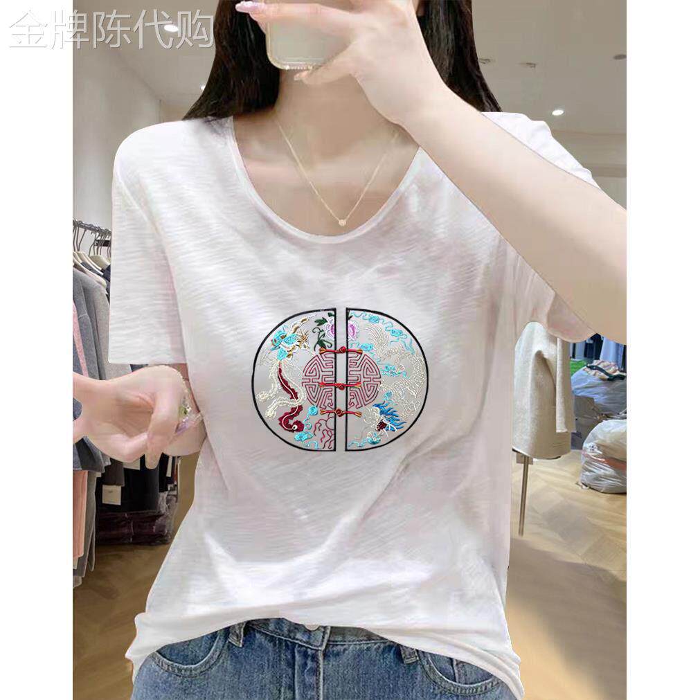 中国风白色锁骨正肩短袖T恤女夏季薄款宽松印花竹节棉V领半袖上衣