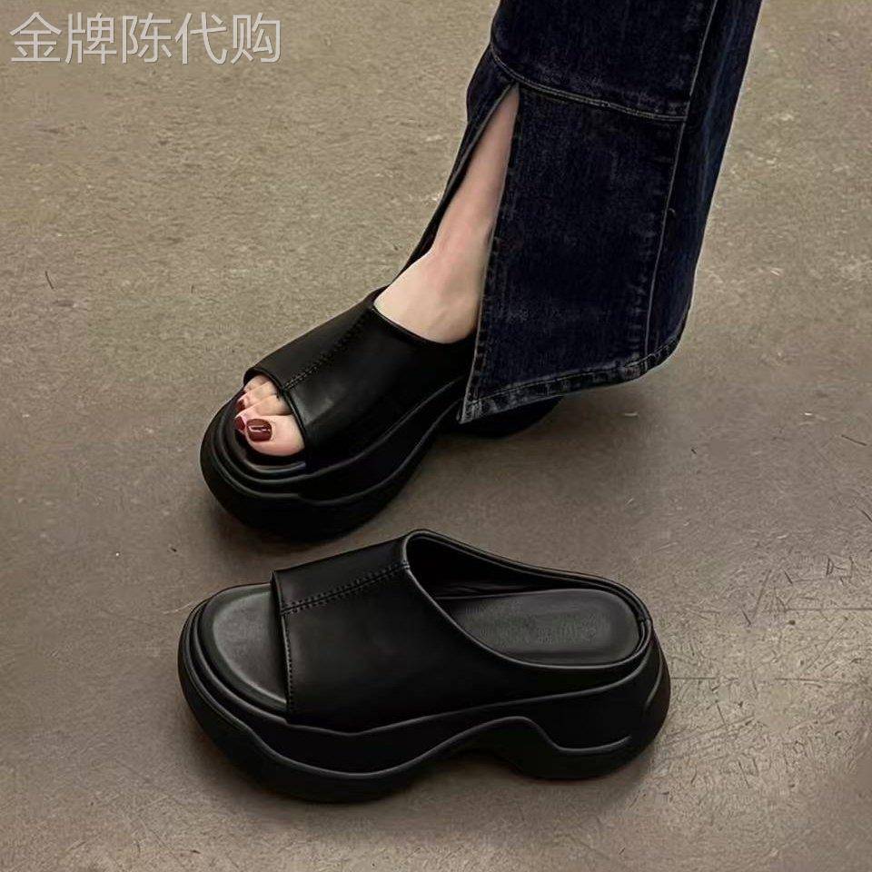 香港真皮松糕厚底凉拖鞋女夏季外穿2026新款配裙子增高坡跟一字拖